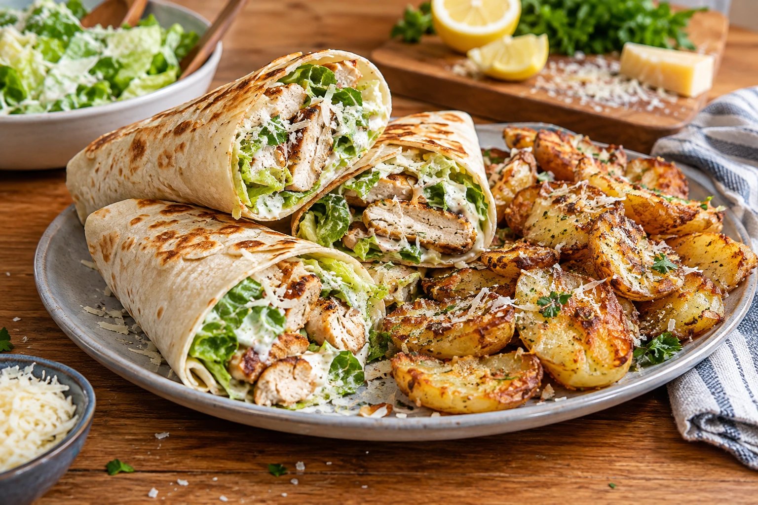 30 minute meals for a family of four including crispy chicken Caesar wraps