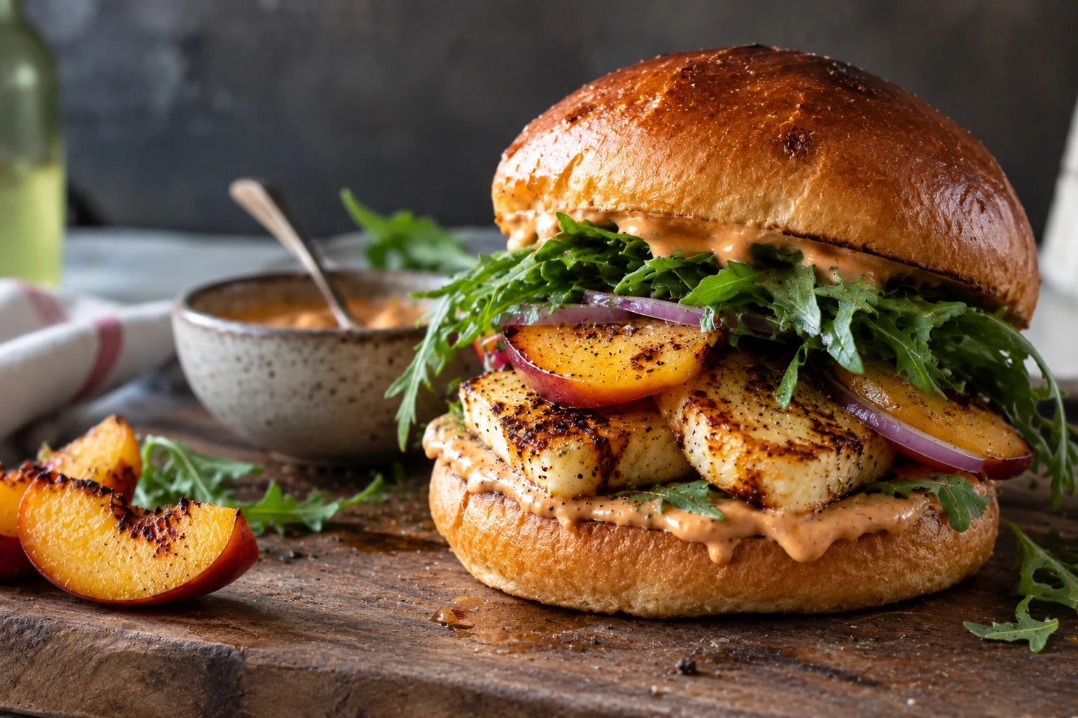 Restaurant-quality meals under 30 minutes including a creative halloumi and peach burger