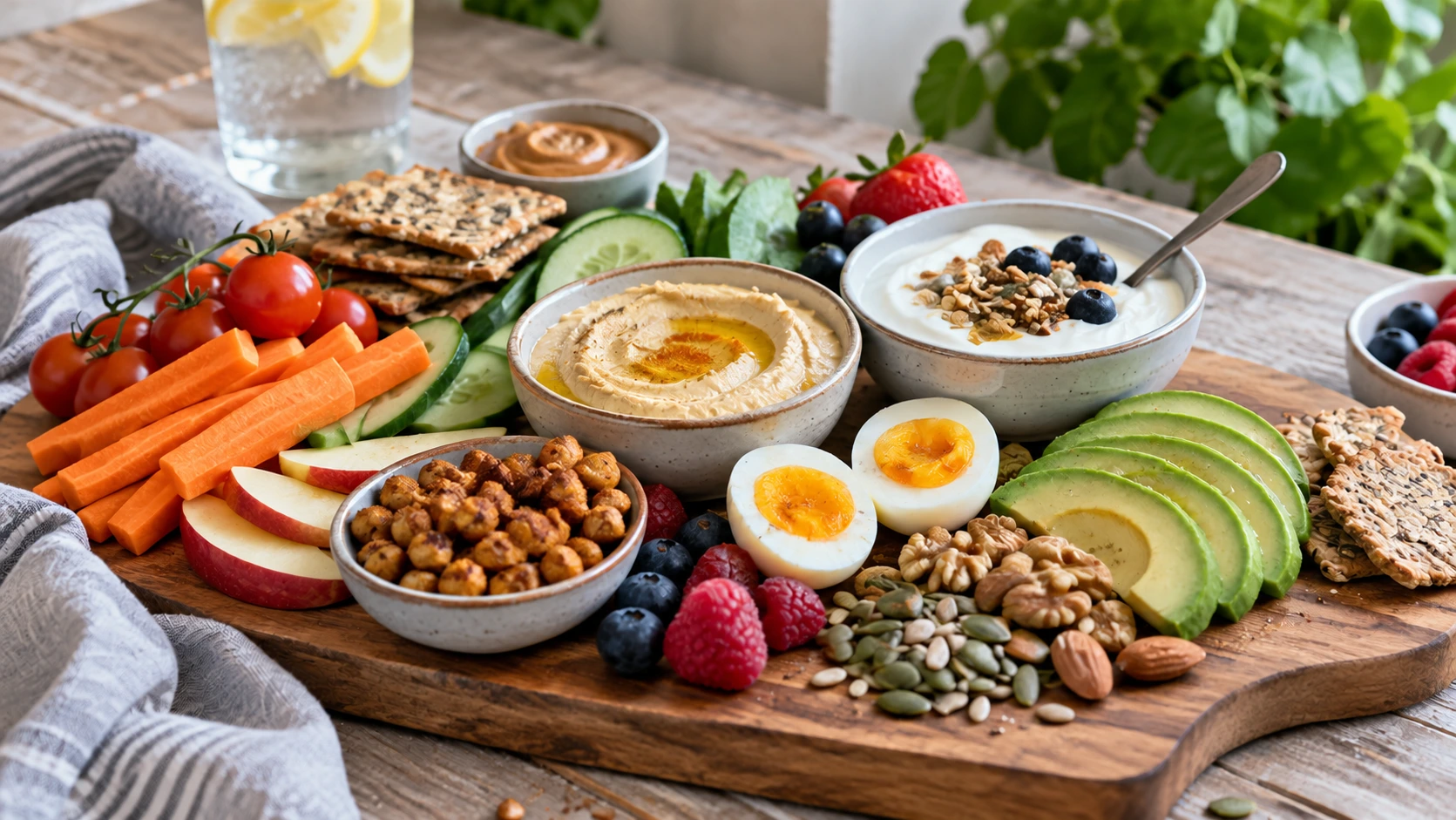 Healthy snacks with nutritious ingredients including fruit, vegetables, yoghurt, hummus and nuts