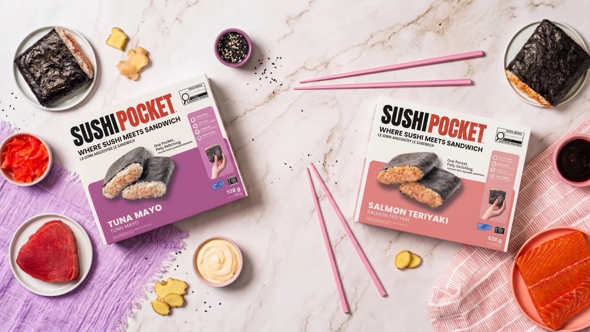 Sushi-inspired rice pocket filled with salmon and fresh ingredients, showing its handheld format