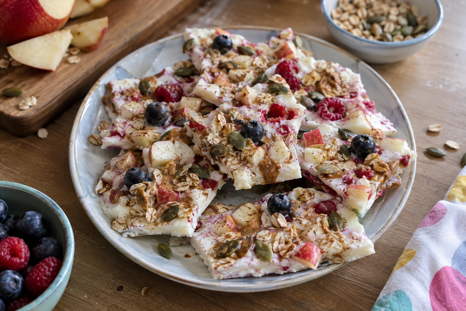 Frozen Greek yoghurt bark with apple berries oats pumpkin seeds and nut butter