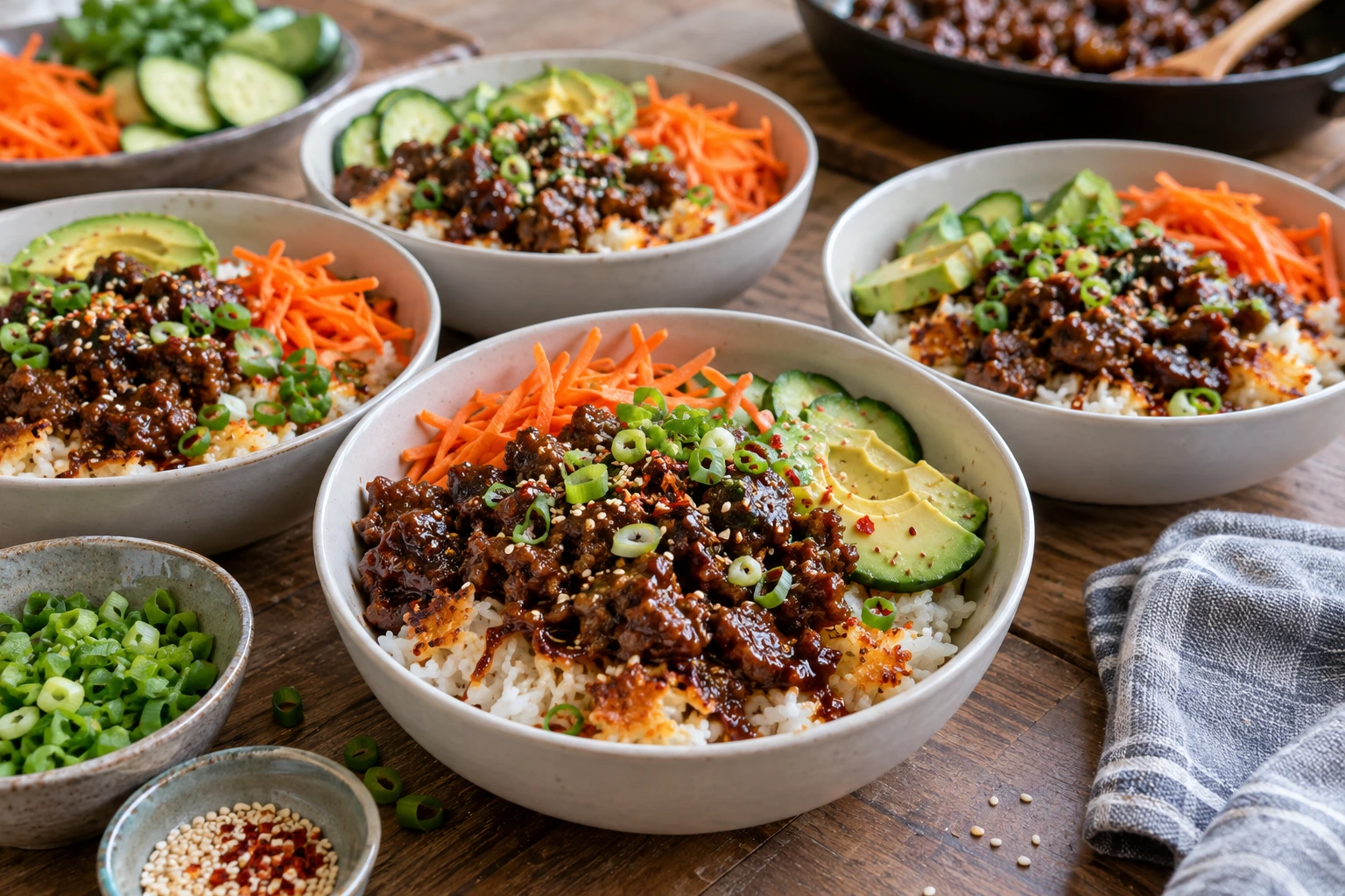 Sticky beef and crispy rice bowls with fresh vegetables