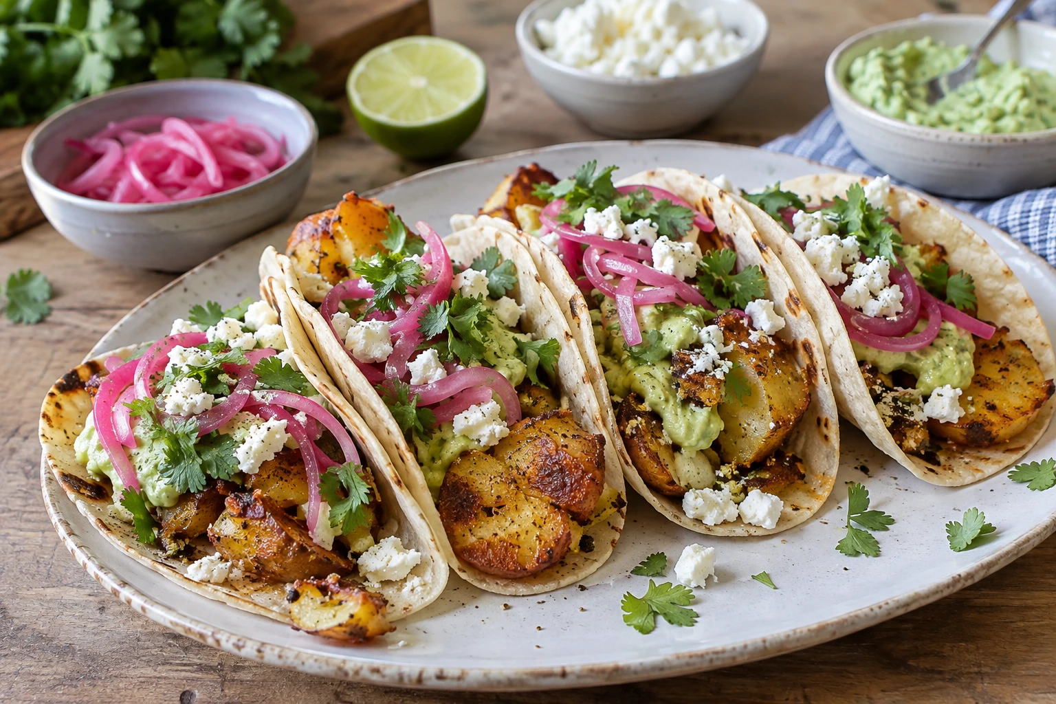 Crispy smashed potato tacos with feta, avocado, lime and pickled red onion