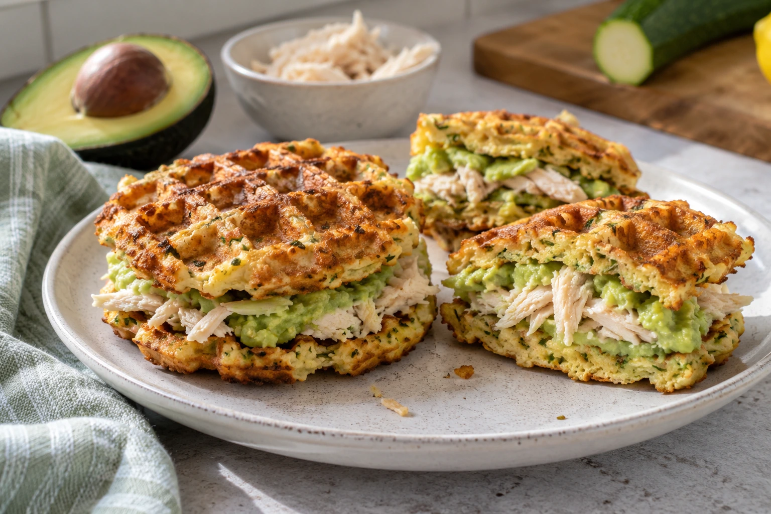 Savoury egg and avocado waffle sandwiches made with courgette oats and cheese