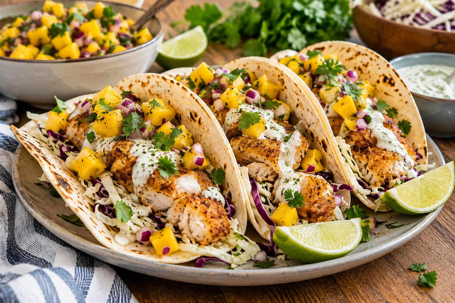 Crispy fish tacos with mango salsa and lime yoghurt