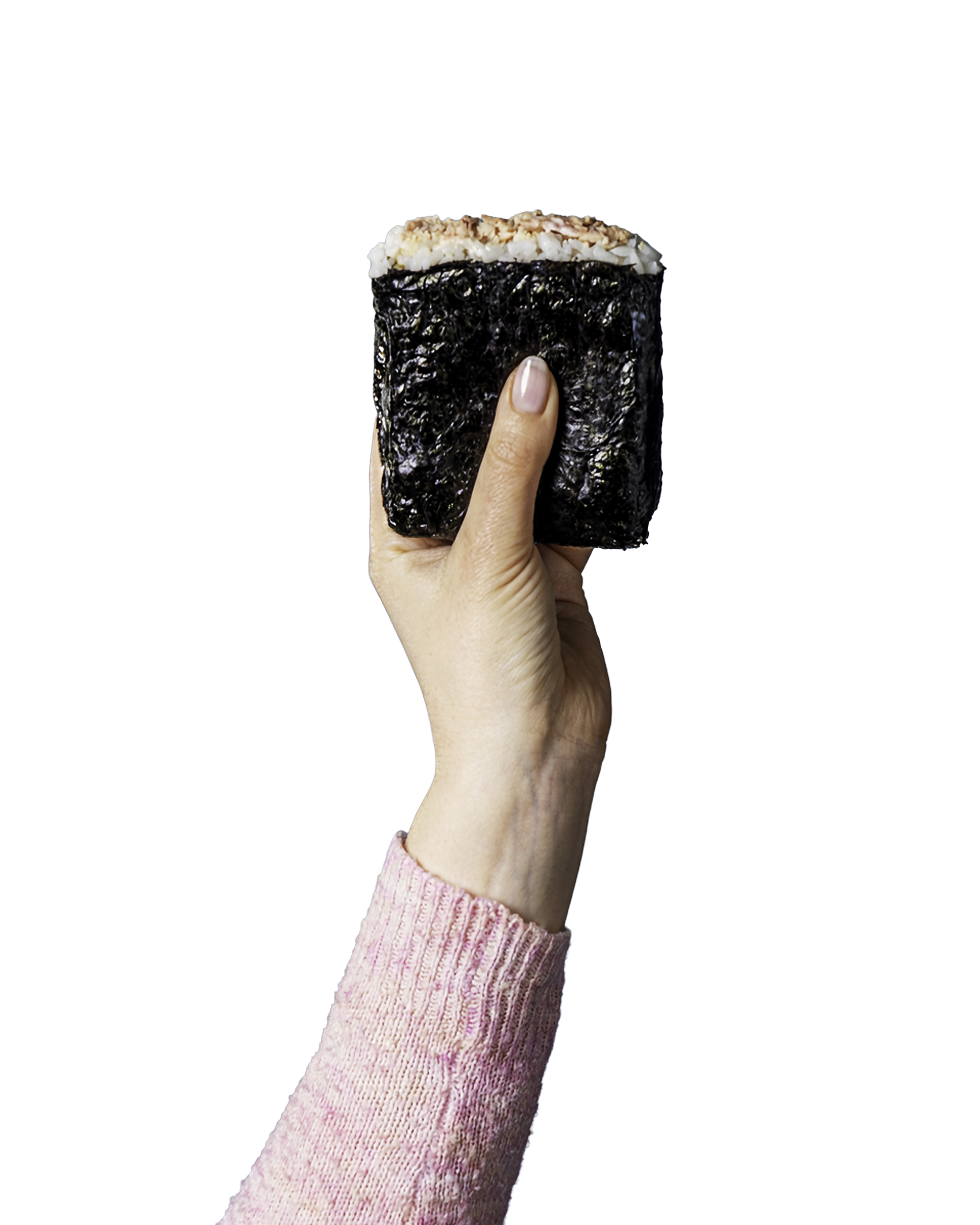 A hand holding a Salmon Teriyaki Sushi Pocket