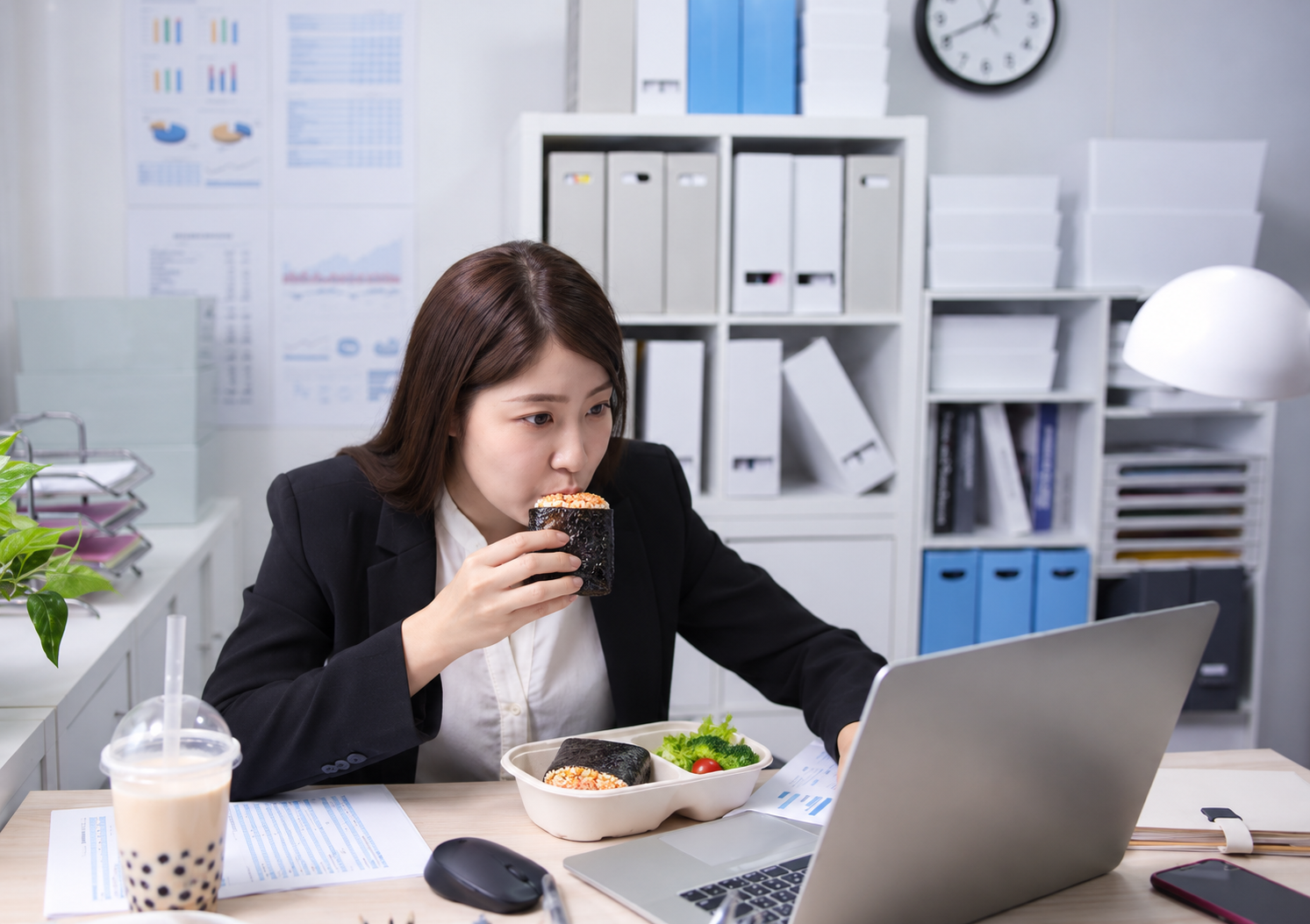 A Sushi Pocket enjoyed at a desk with a laptop and tea