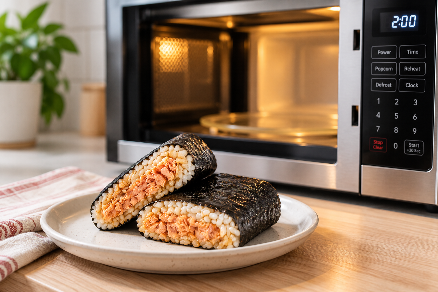 Sushi Pocket au saumon près d’un micro-ondes chaud