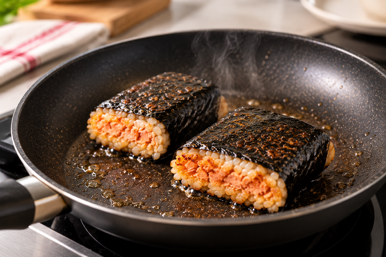 Blocs de riz au nori et au saumon grésillant dans une poêle
