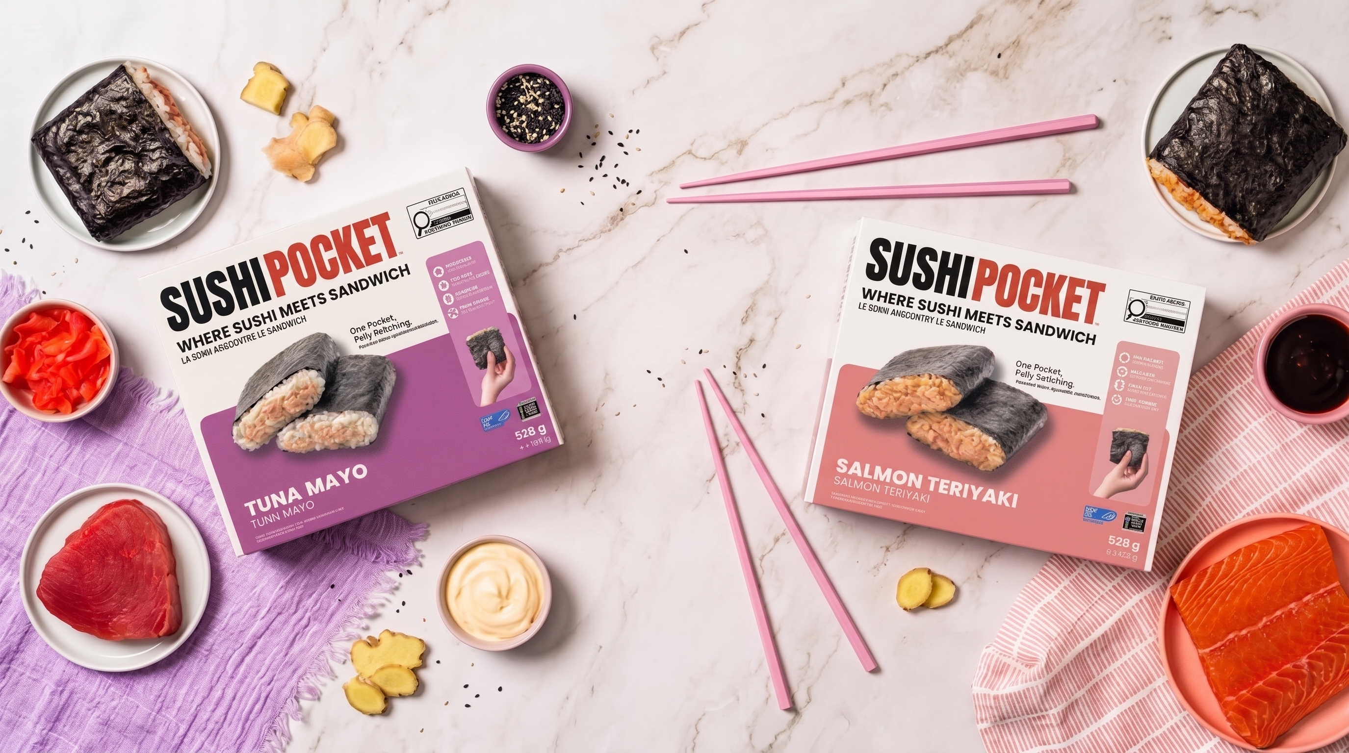 Tuna Mayo and Salmon Teriyaki Sushi Pocket packages with food and chopsticks