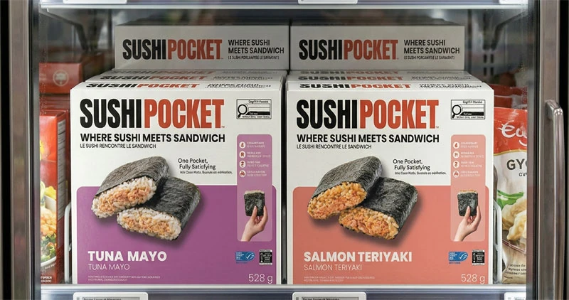 Tuna Mayo and Salmon Teriyaki Sushi Pocket packages in a grocery freezer